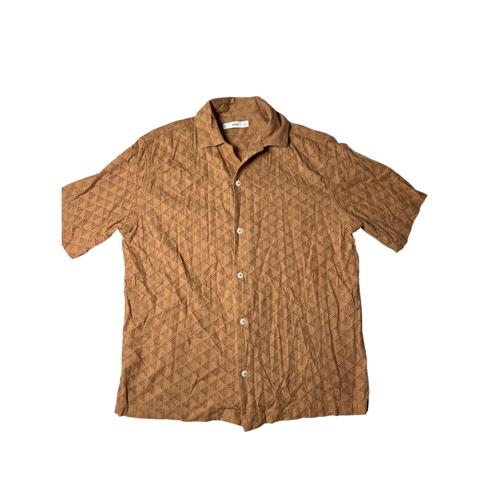 Mango MNG Mens Camel‎ Brown Eyelet Embroidered Cotton Camp Collar Shirt Small